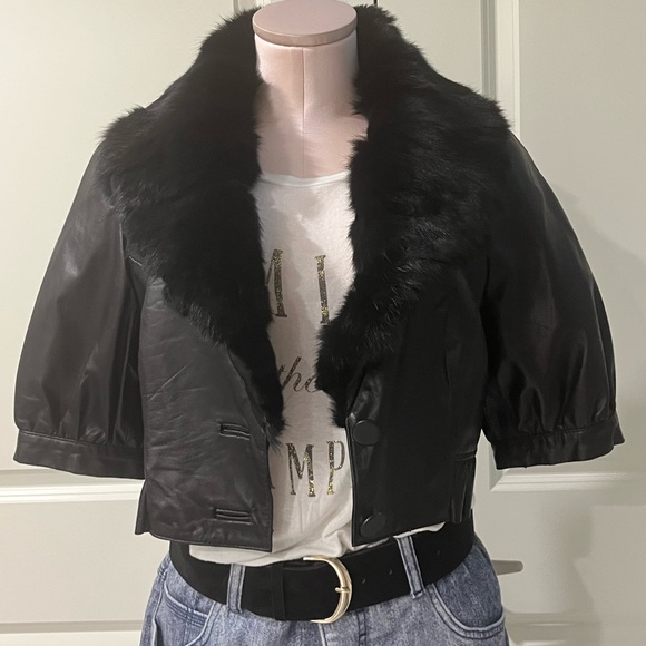 bebe Jackets & Blazers - bebe Black Leather Jacket with rabbit Fur Collar
